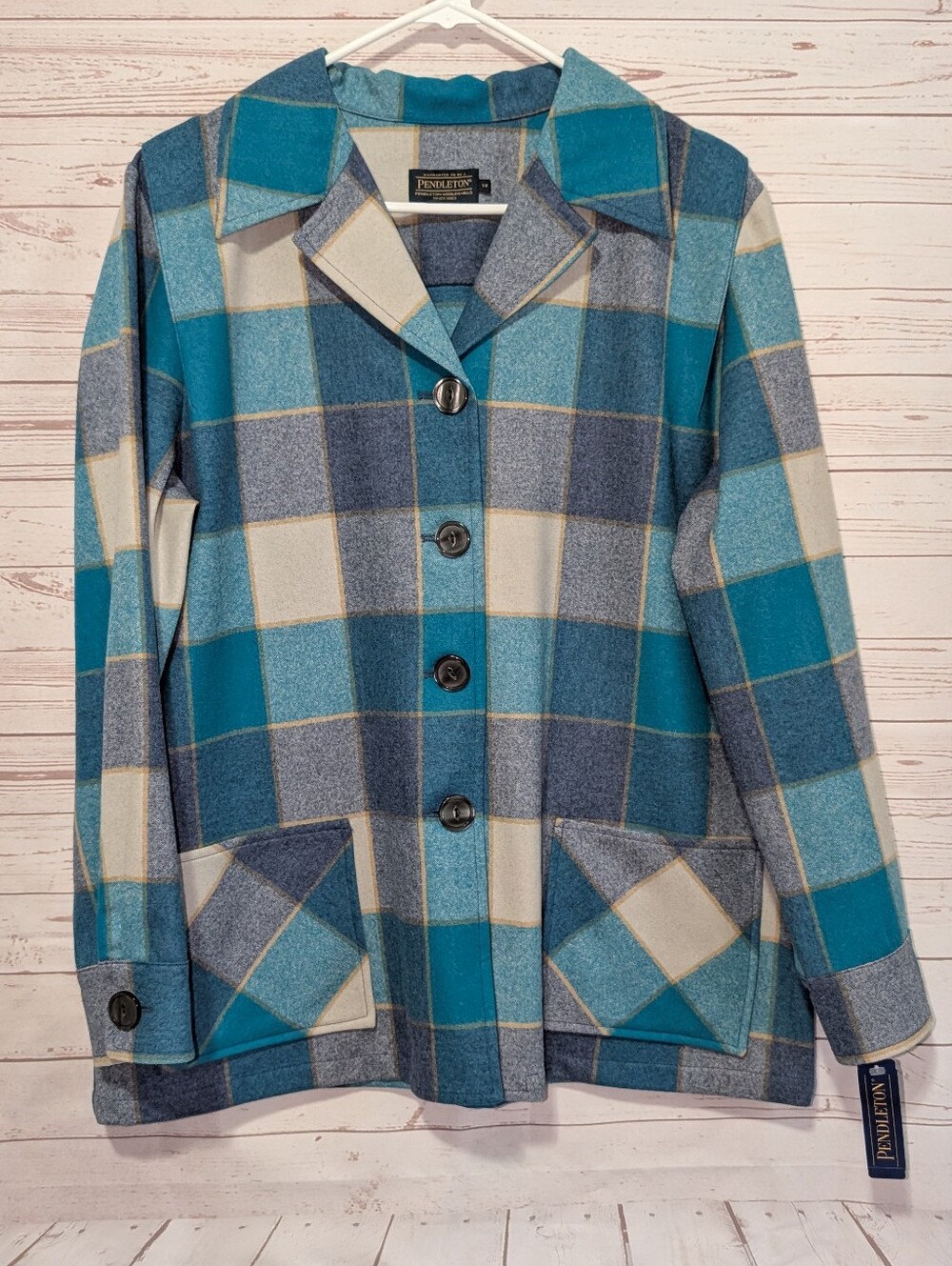 New Pendleton Vintage Teal & Cream Plaid Wool Pea Coat Jacket Shacket NWT